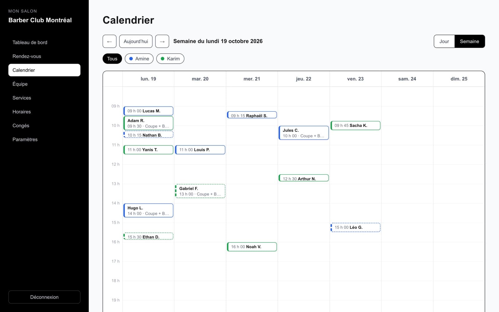 Le calendrier de la semaine avec les rendez-vous de chaque barbier