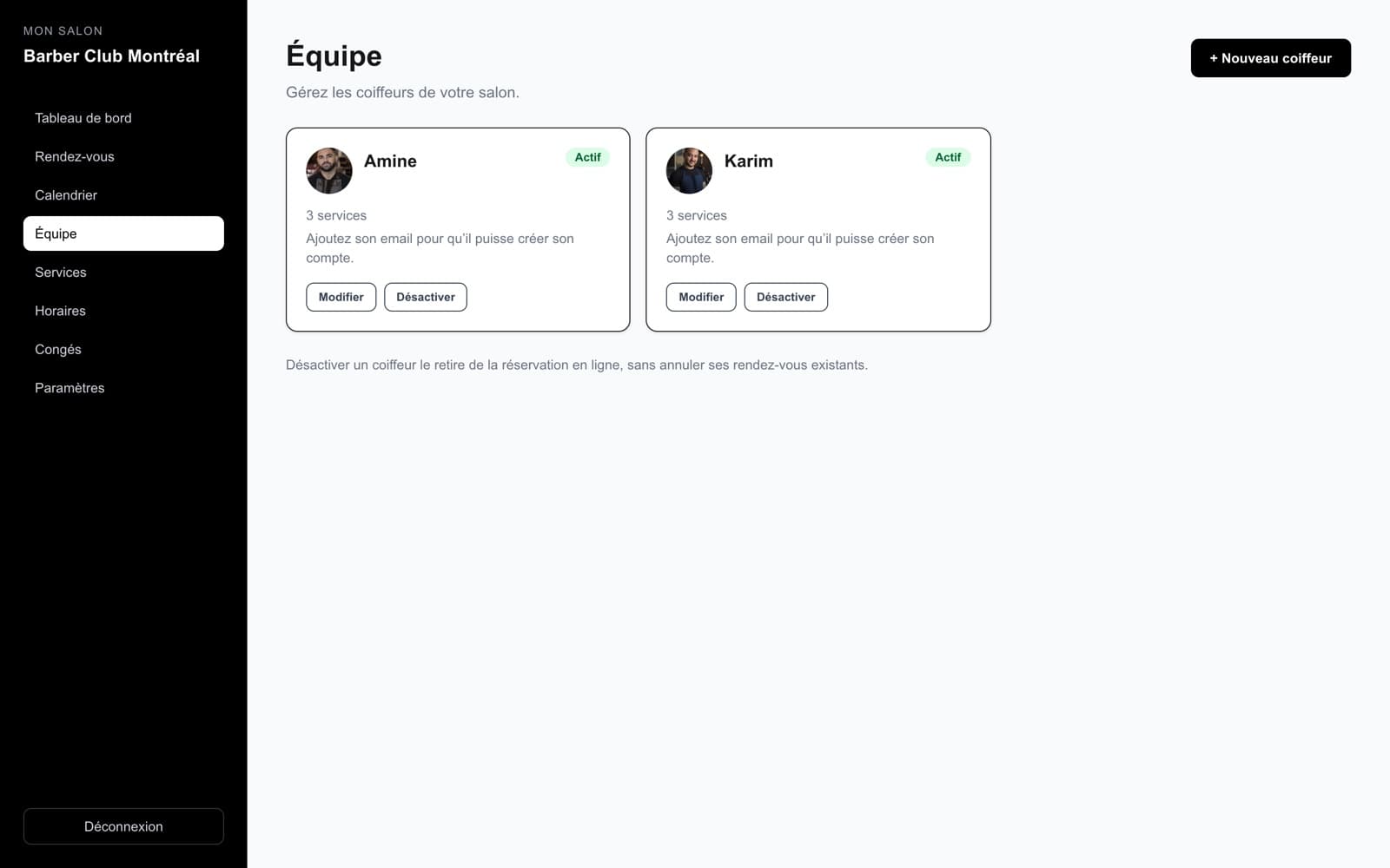 La page Équipe du tableau de bord